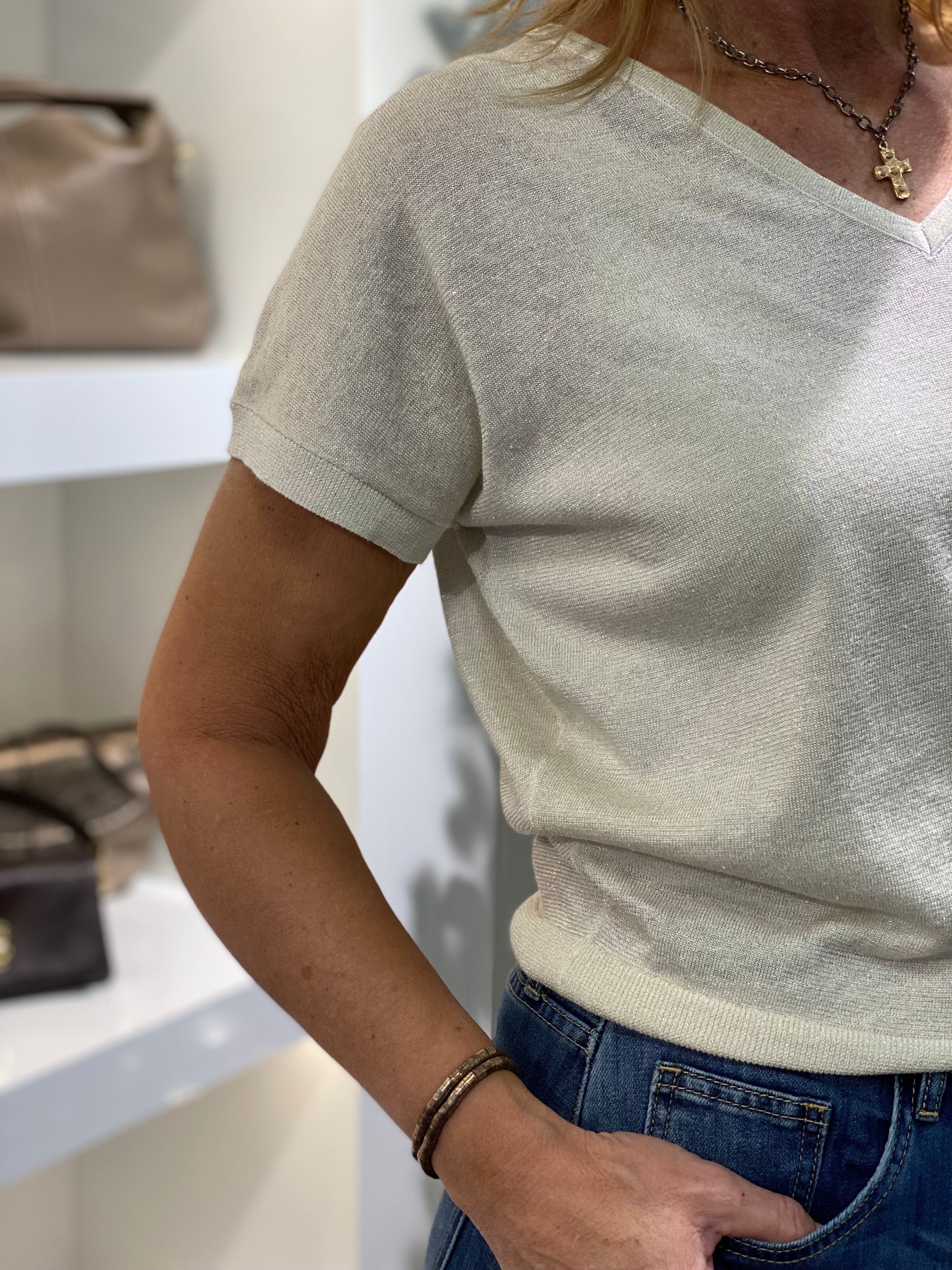 Red Button Jerry Sparkle Top pearl