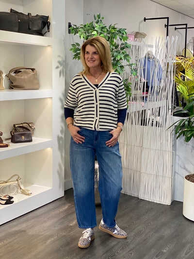 Red Button Cardigan Stripe & Sequins pearl dark blue