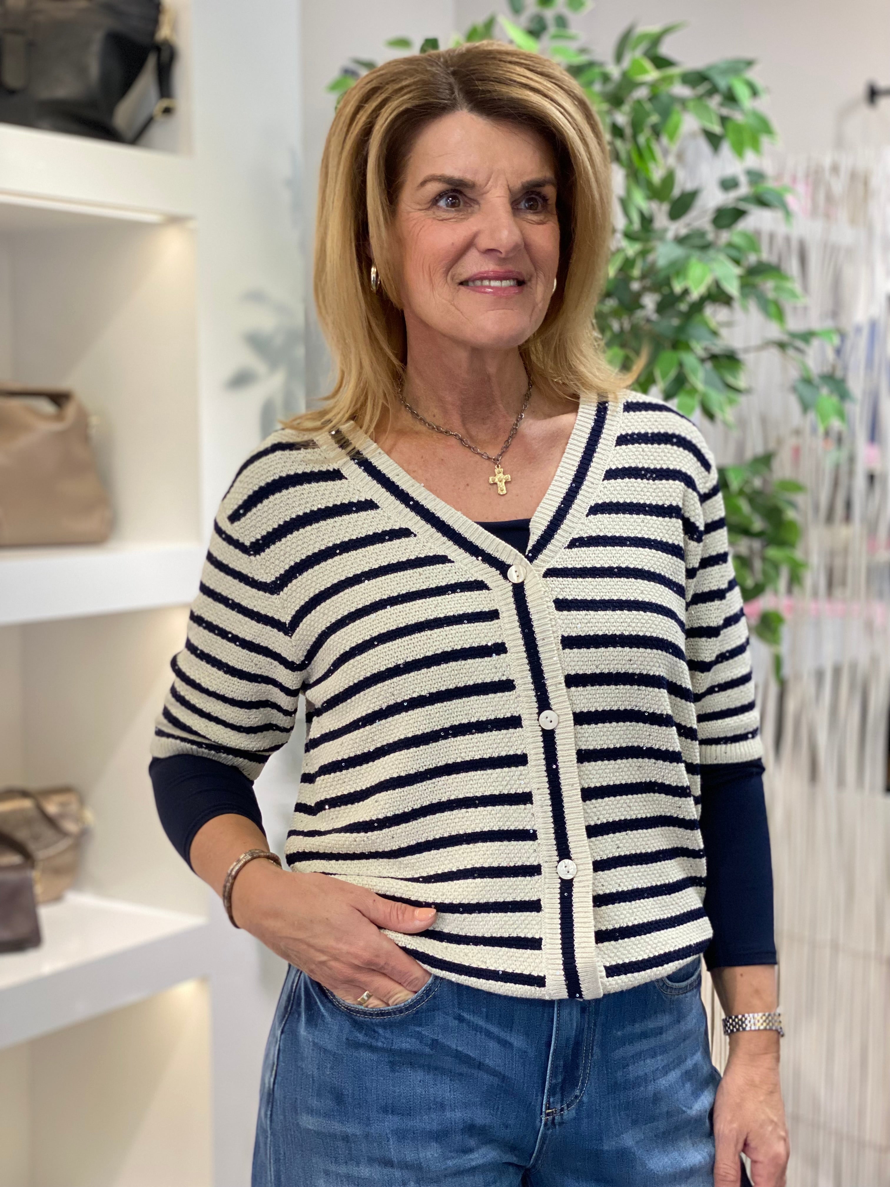 Red Button Cardigan Stripe & Sequins pearl dark blue