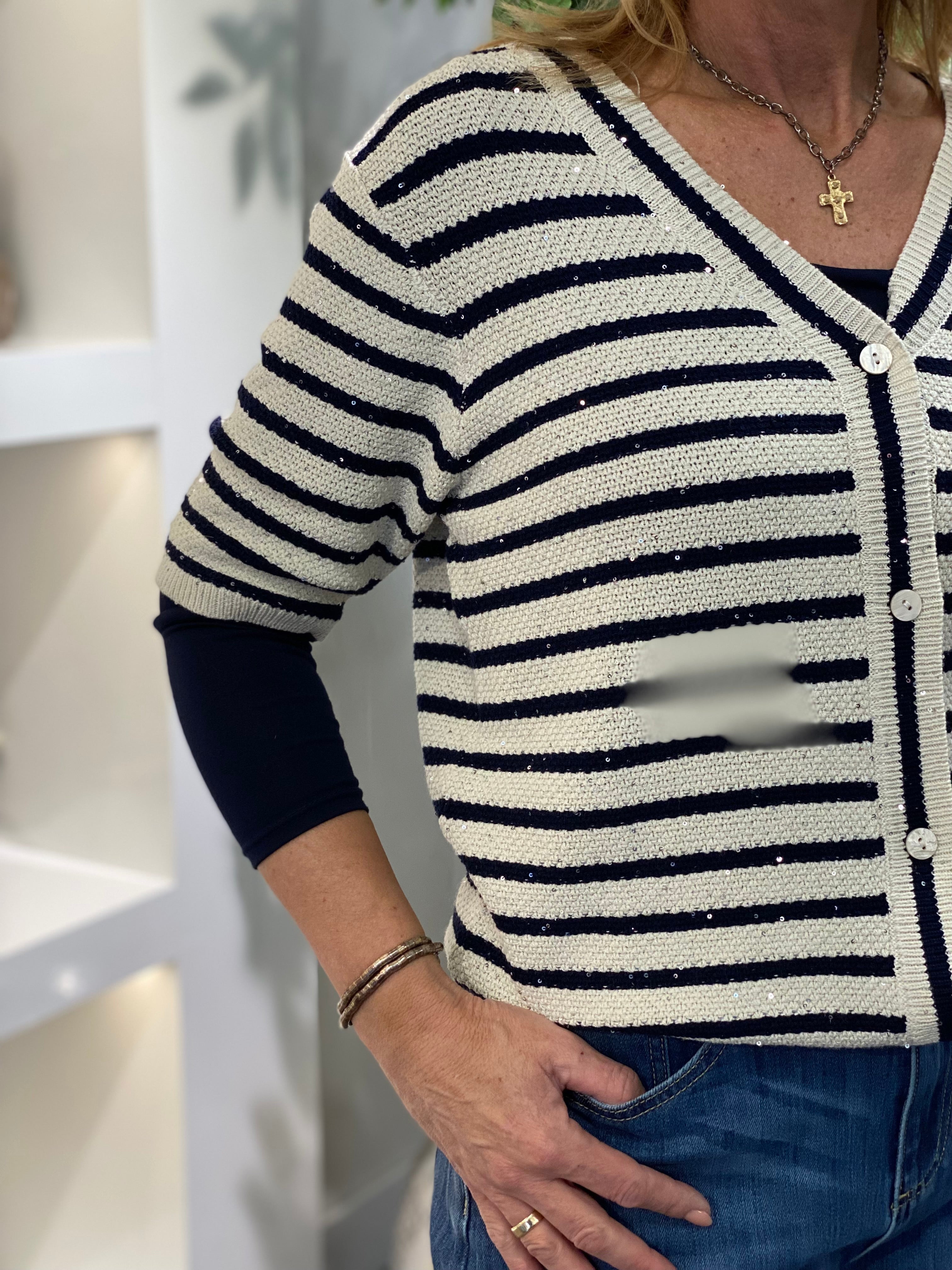 Red Button Cardigan Stripe & Sequins pearl dark blue