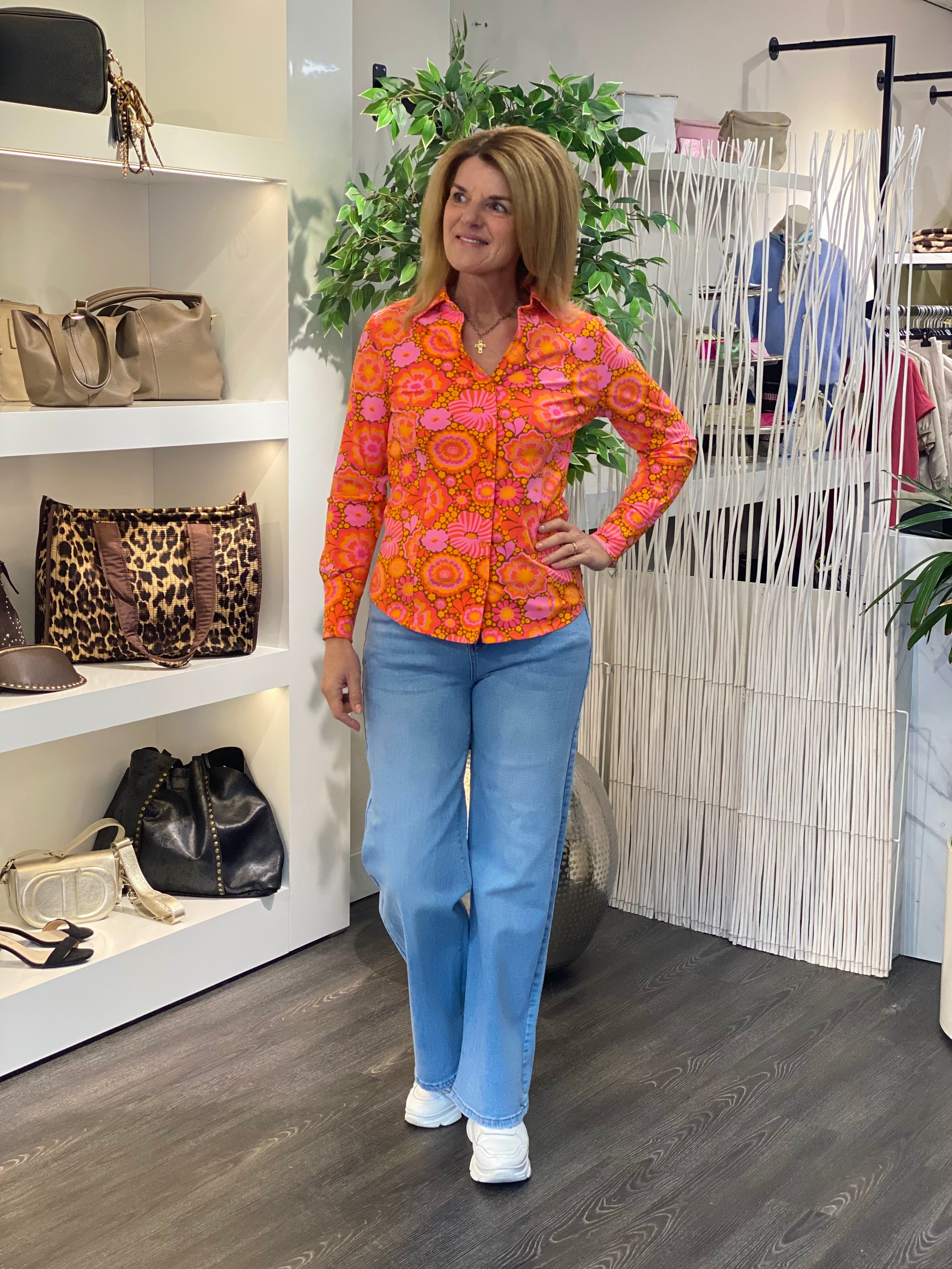 Angelle Milan Travelstof Blouse 1615P daisies coral