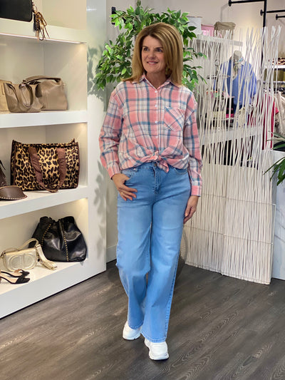 Flamant Rose Geruite Blouse EN130 roze lichtblauw