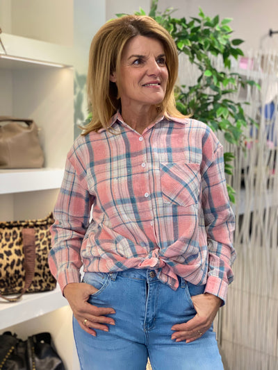 Flamant Rose Geruite Blouse EN130 roze lichtblauw