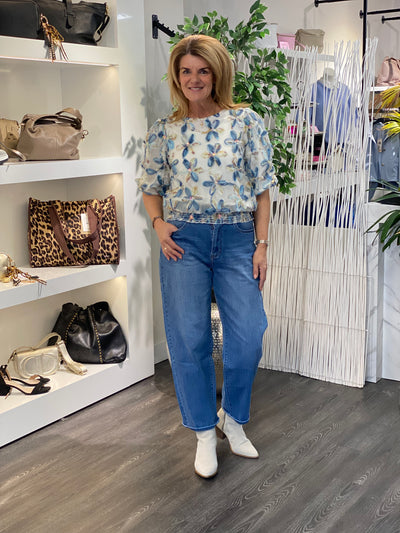 NED Lucea 3/4 Dusty Blue Top 3D Festival Flower Mesh dusty blue