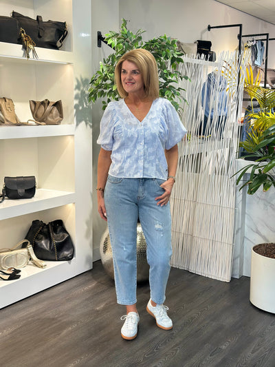 Red Button Blouse Balloonsleeve Stripe & Flower blue