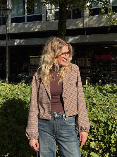 Chastar Cropped Blazer Lichtbruin Geruit