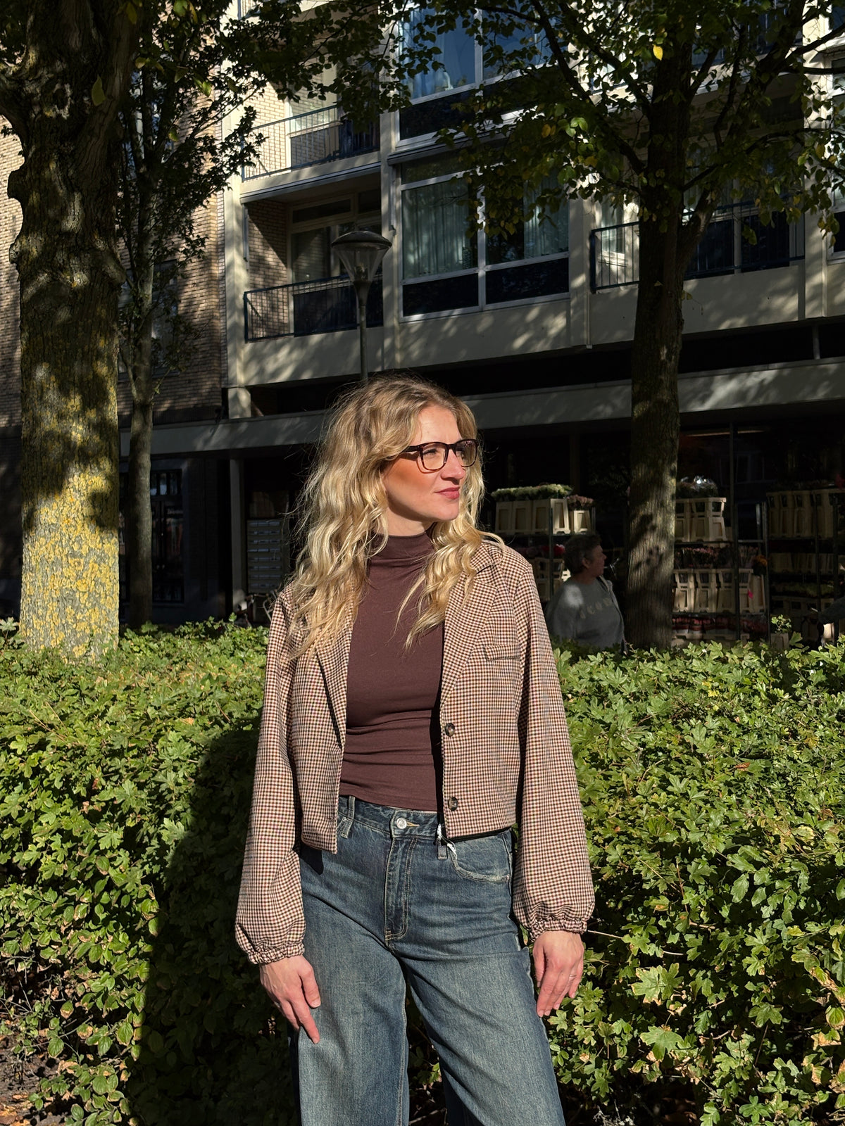 Chastar Cropped Blazer Lichtbruin Geruit