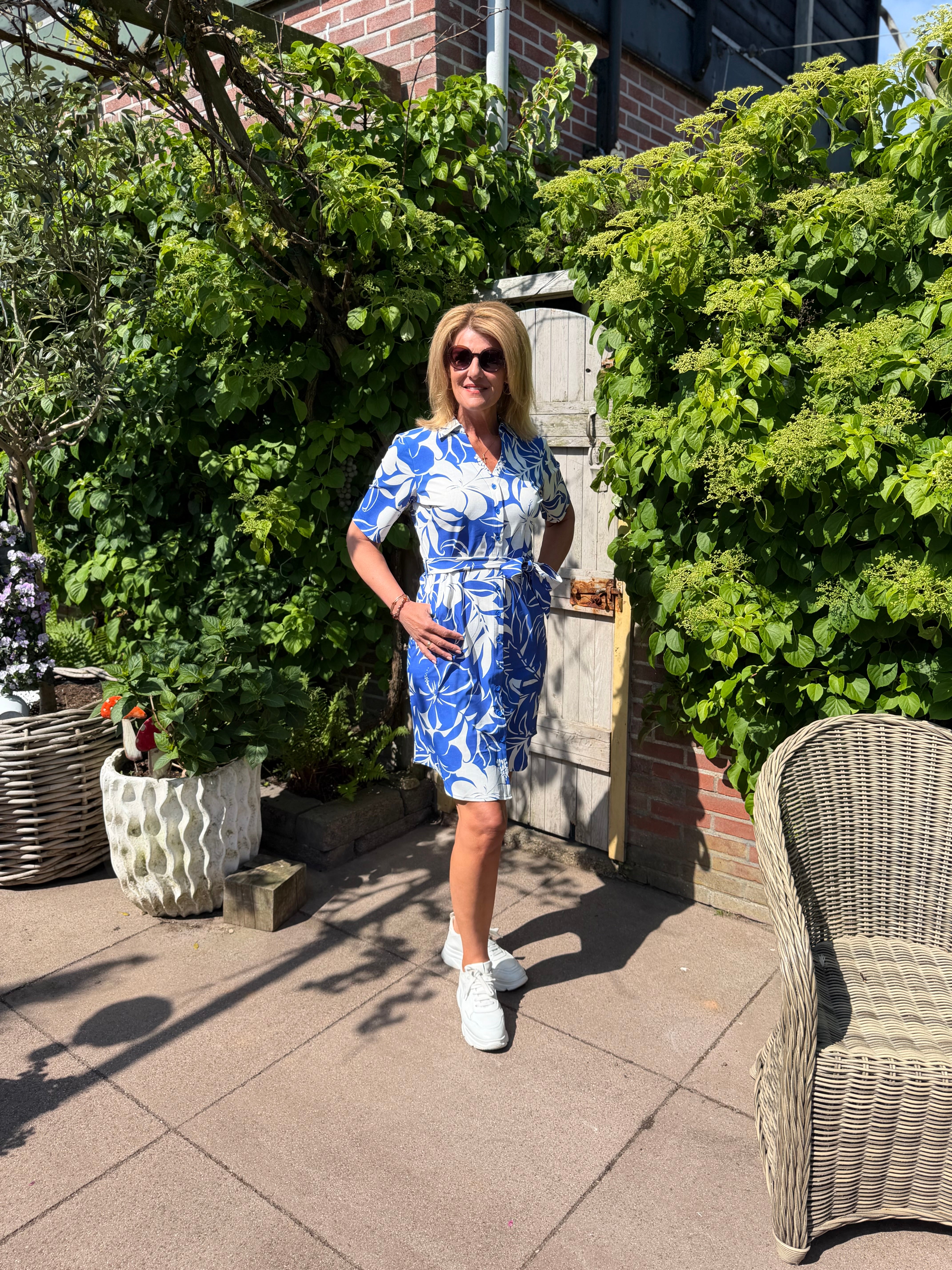 Mi Piace Travelstof Jurk 202807 hibiscus print nautic blue