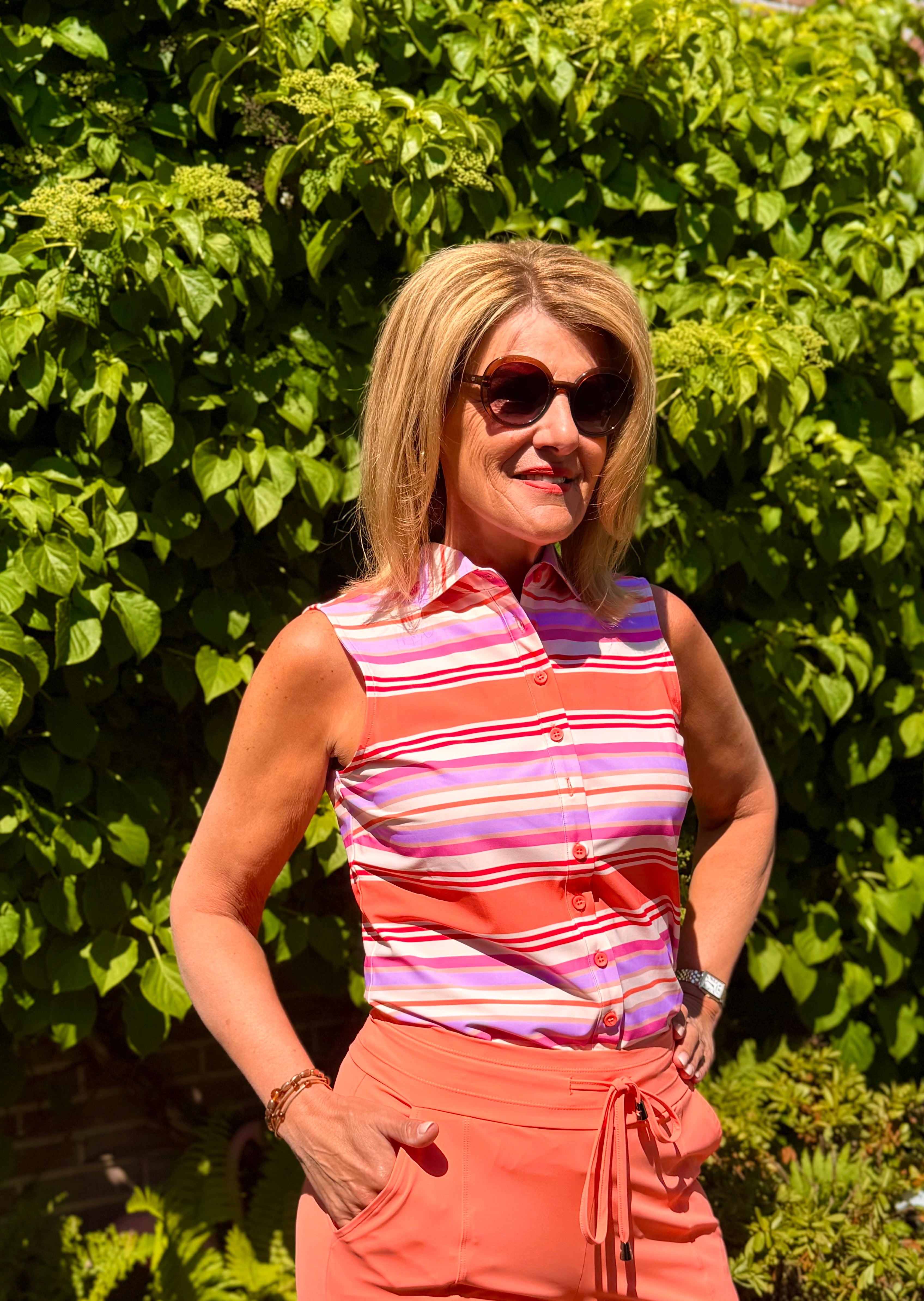 Mi Piace Travelstof Blouse Mouwloos 202299 summer stripe print coral