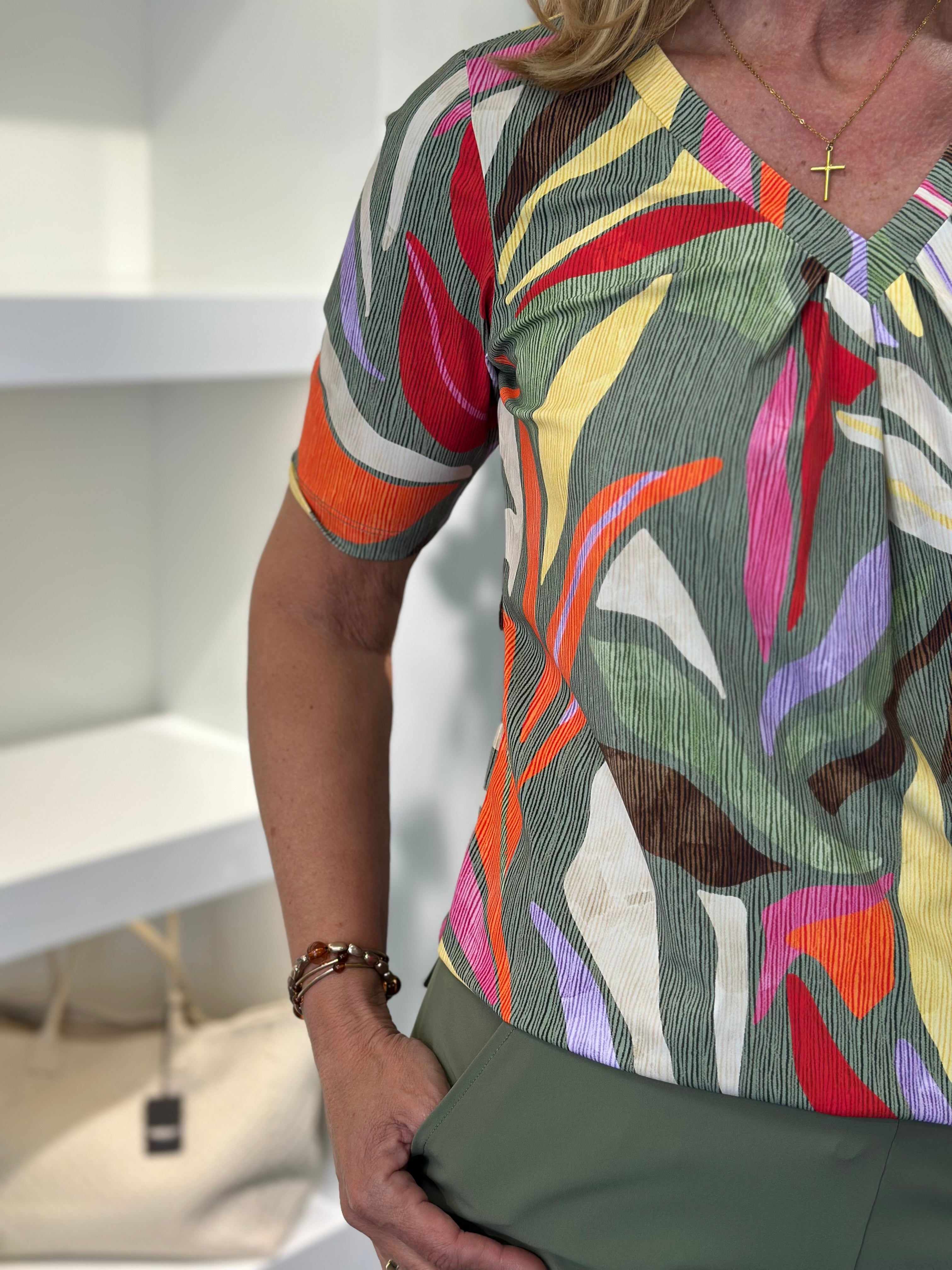 Mi Piace Travel Shirt Pleated 202815 summer leaf dance print olive