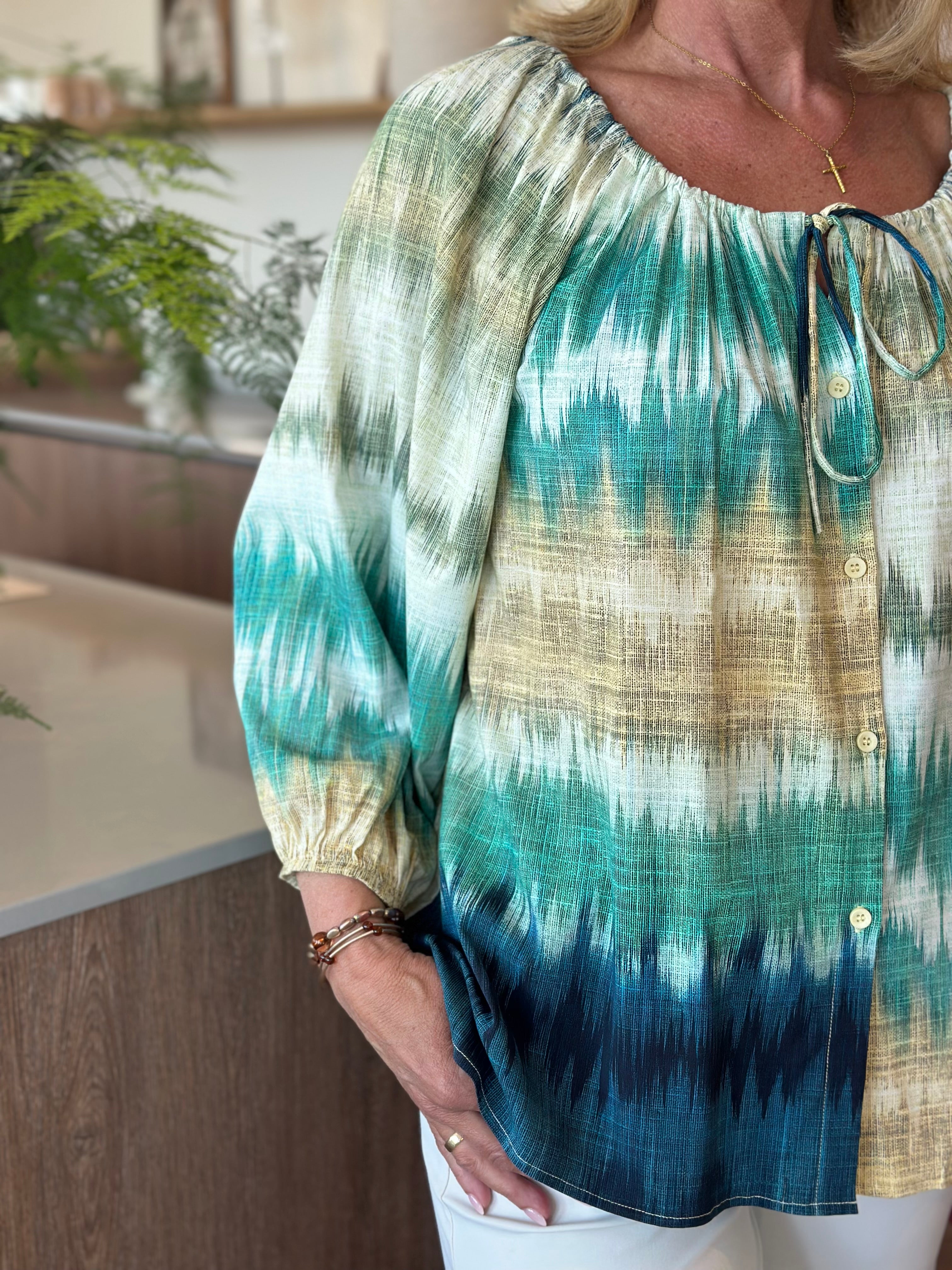 Mi Piace Travel Top 202846 woven ikat stripe print pistachio
