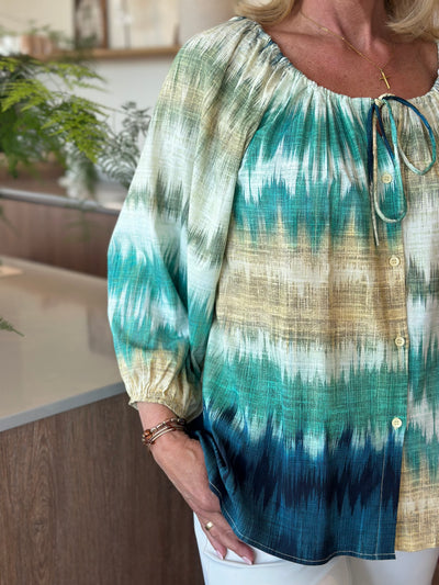 Mi Piace Travel Top 202846 woven ikat stripe print pistachio