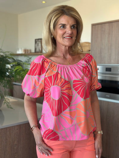 Mi Piace Travelstof Bardot Top 202454 desert anemone print coral
