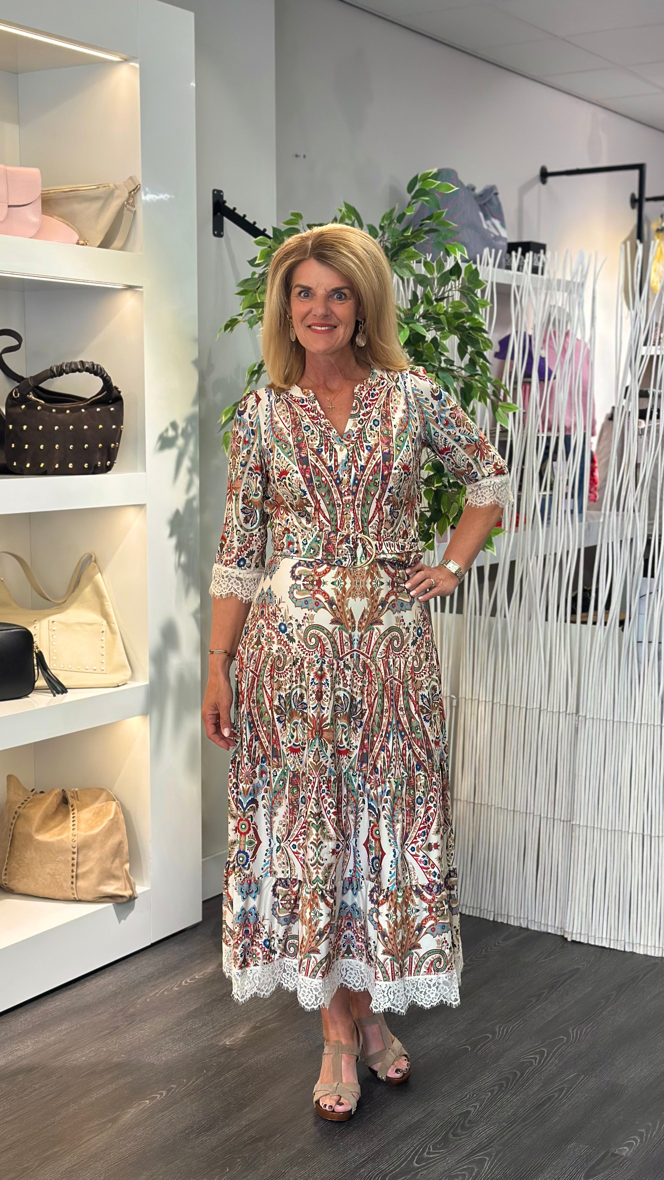 K-Design Maxi Jurk met Design en Kant C301 P095 multicolor