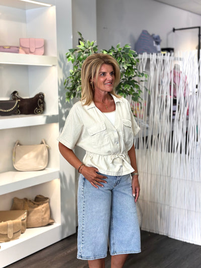 Red Button Drew Drawstring Co/Linnen Top pearl