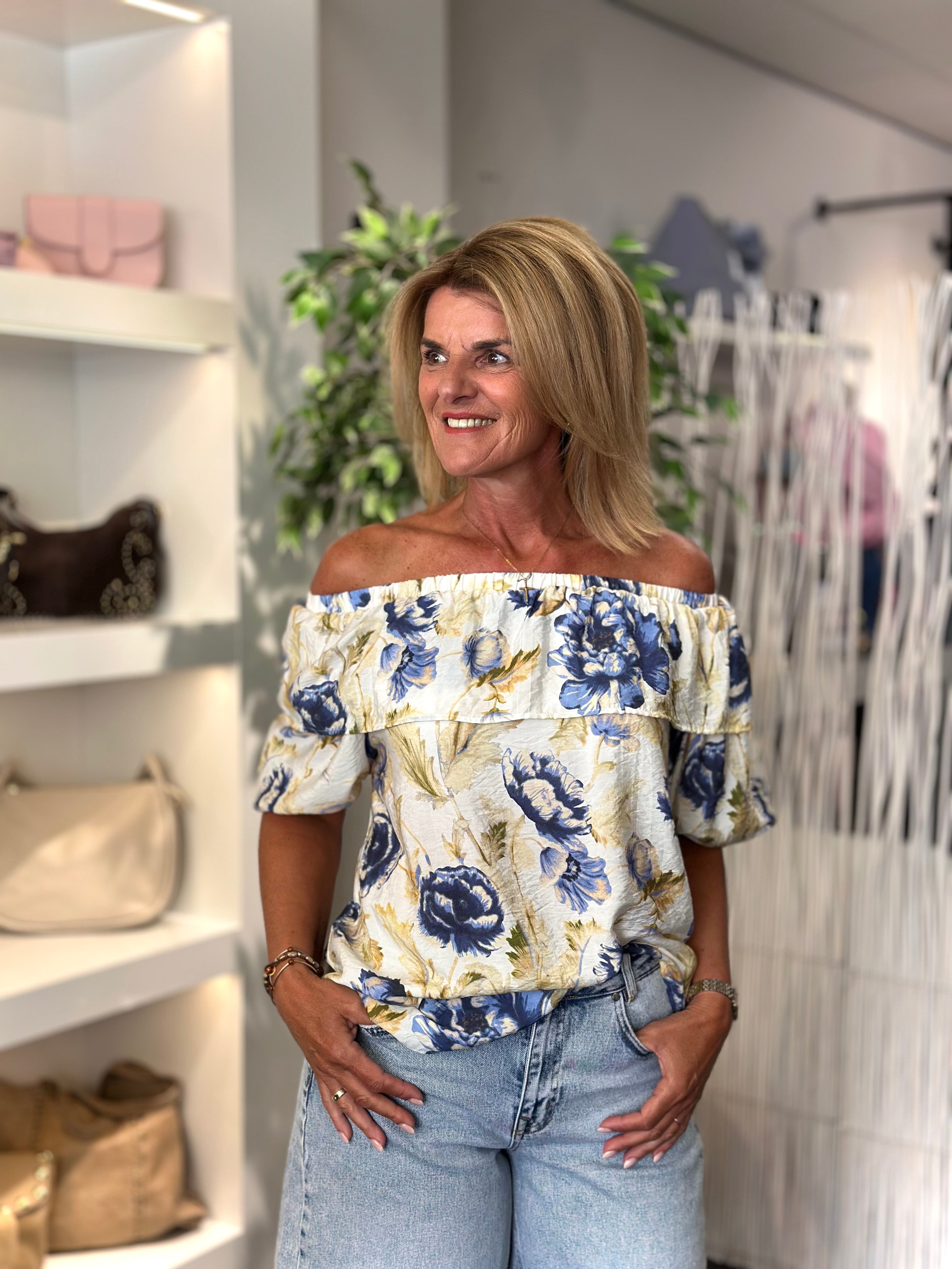 Freequent Maise Blouse brilliant white w. chambray blue