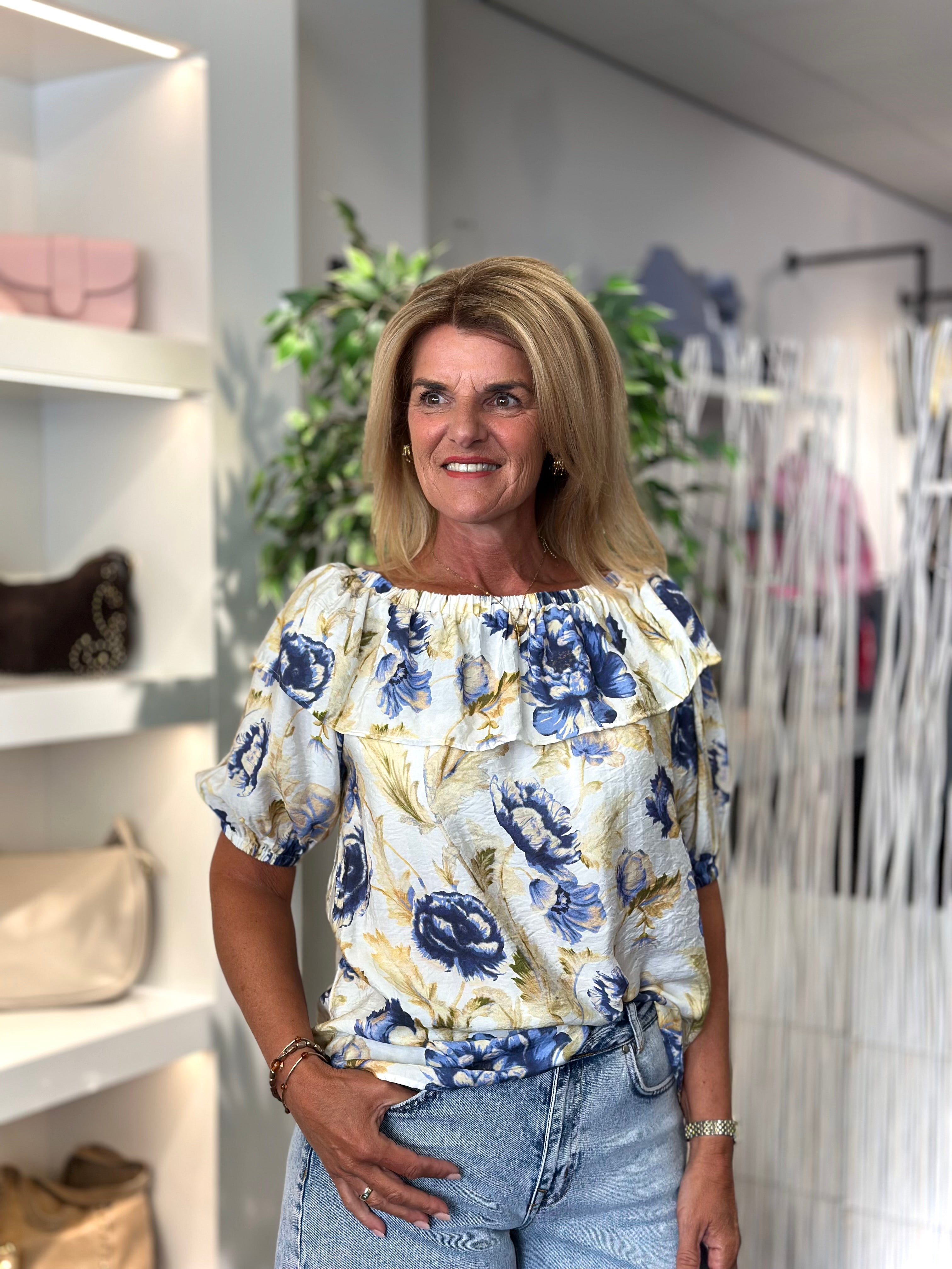 Freequent Maise Blouse brilliant white w. chambray blue