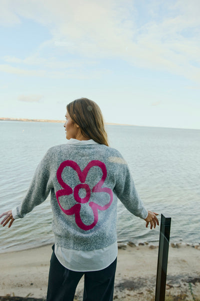 Freequent Nomas Cardigan Med Grey Mel w Fuchsia Purple