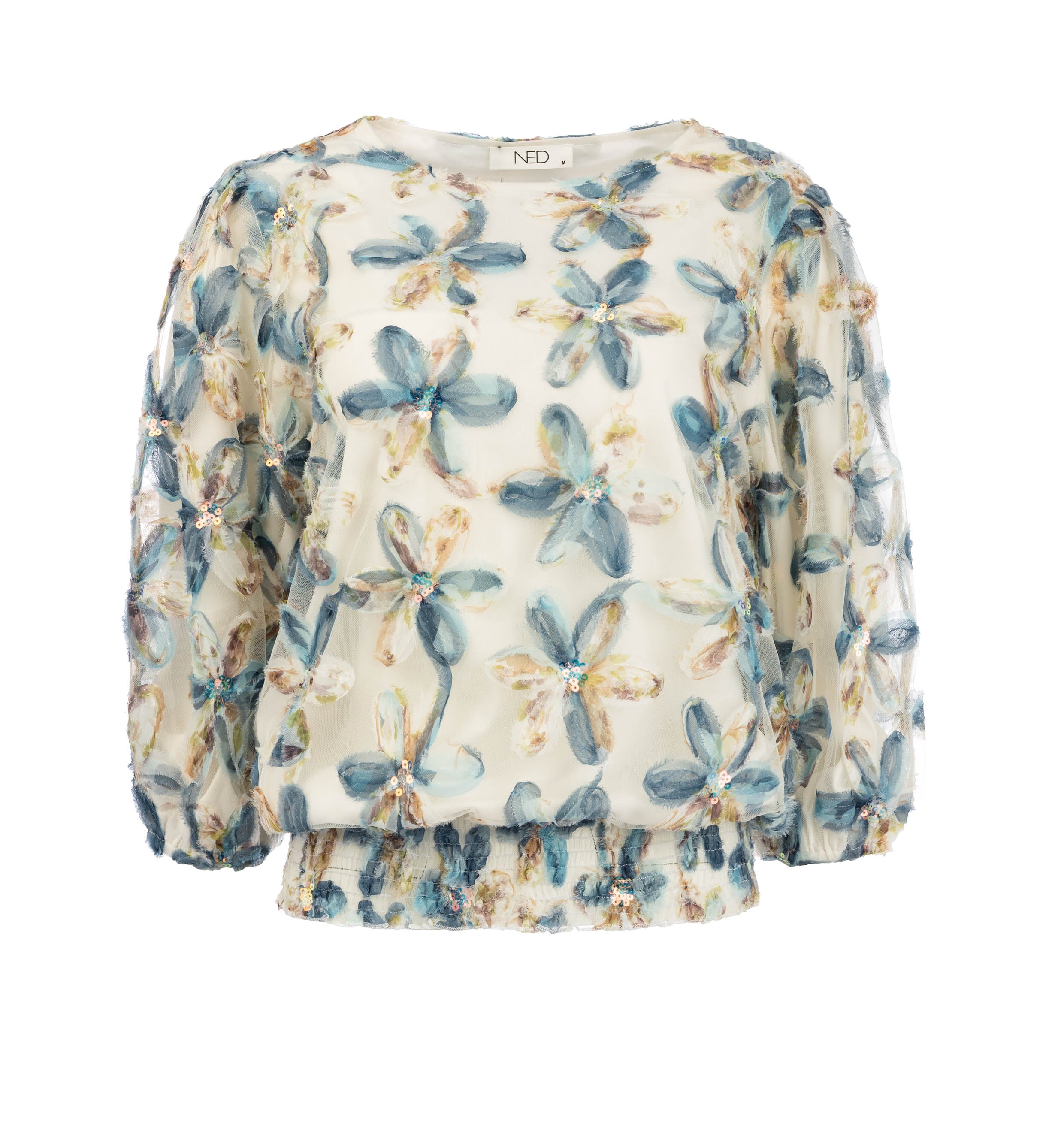 NED Lucea 3/4 Dusty Blue Top 3D Festival Flower Mesh dusty blue