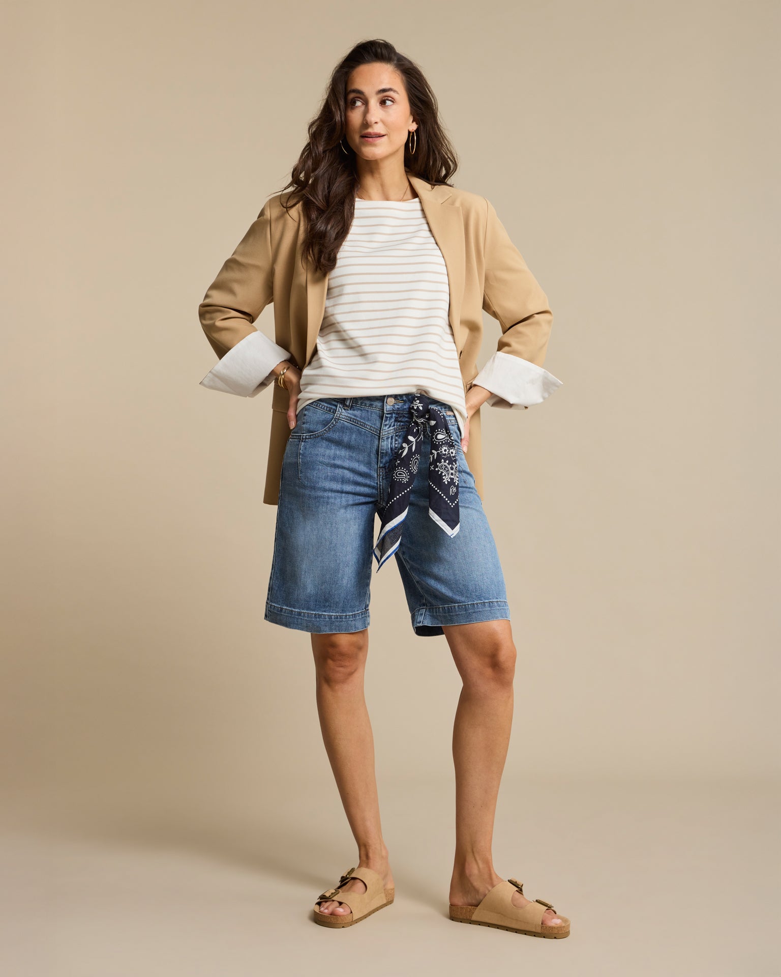 Red Button Terry Stripe Short Sleeves Top pebble