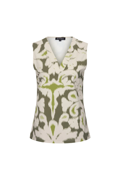 Mi Piace Travelstof Mouwloze Top 202425 ikat ornaments print olive