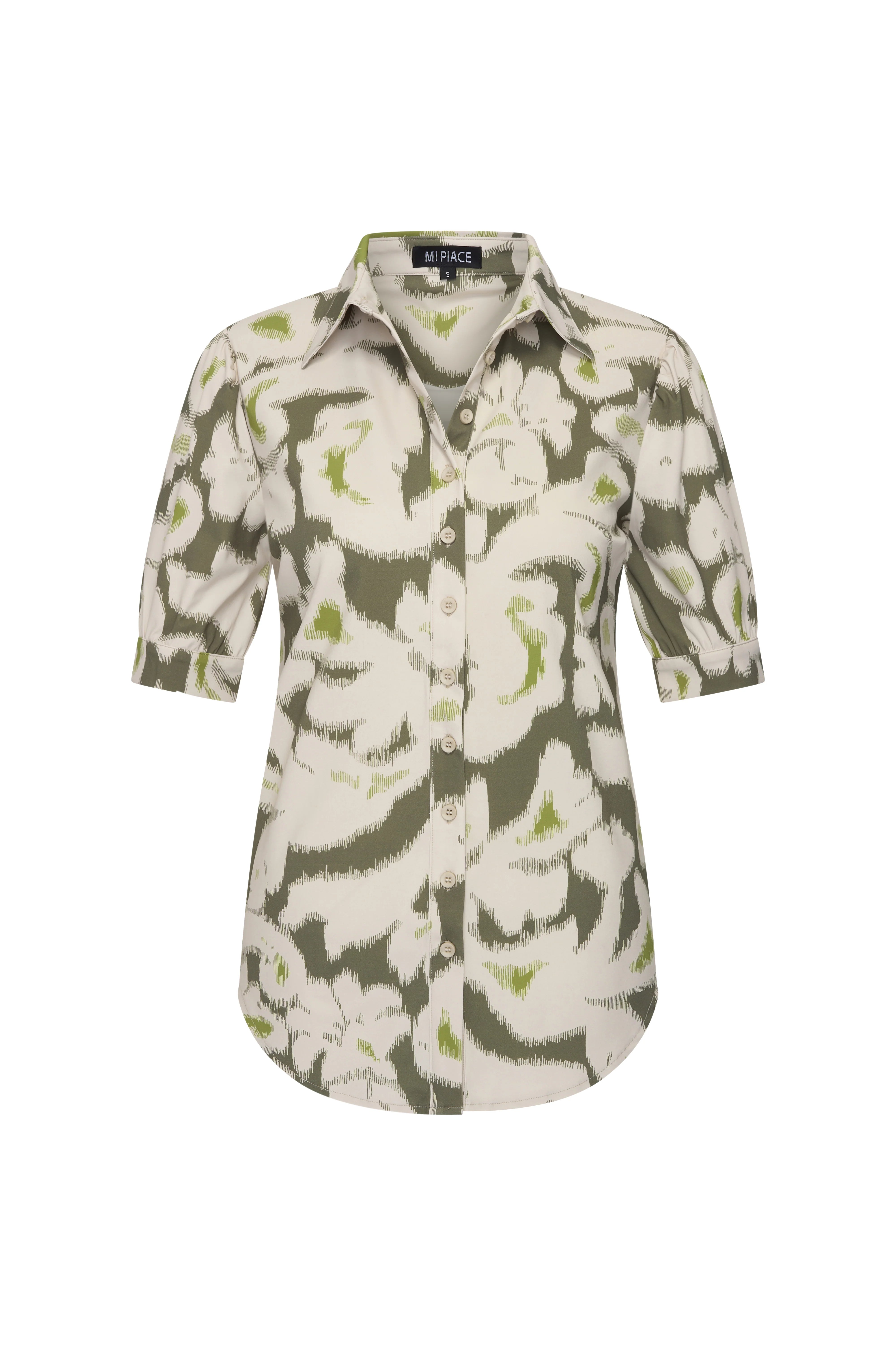 Mi Piace Travelstof Blouse Korte Mouw 202270 ikat ornaments print olive