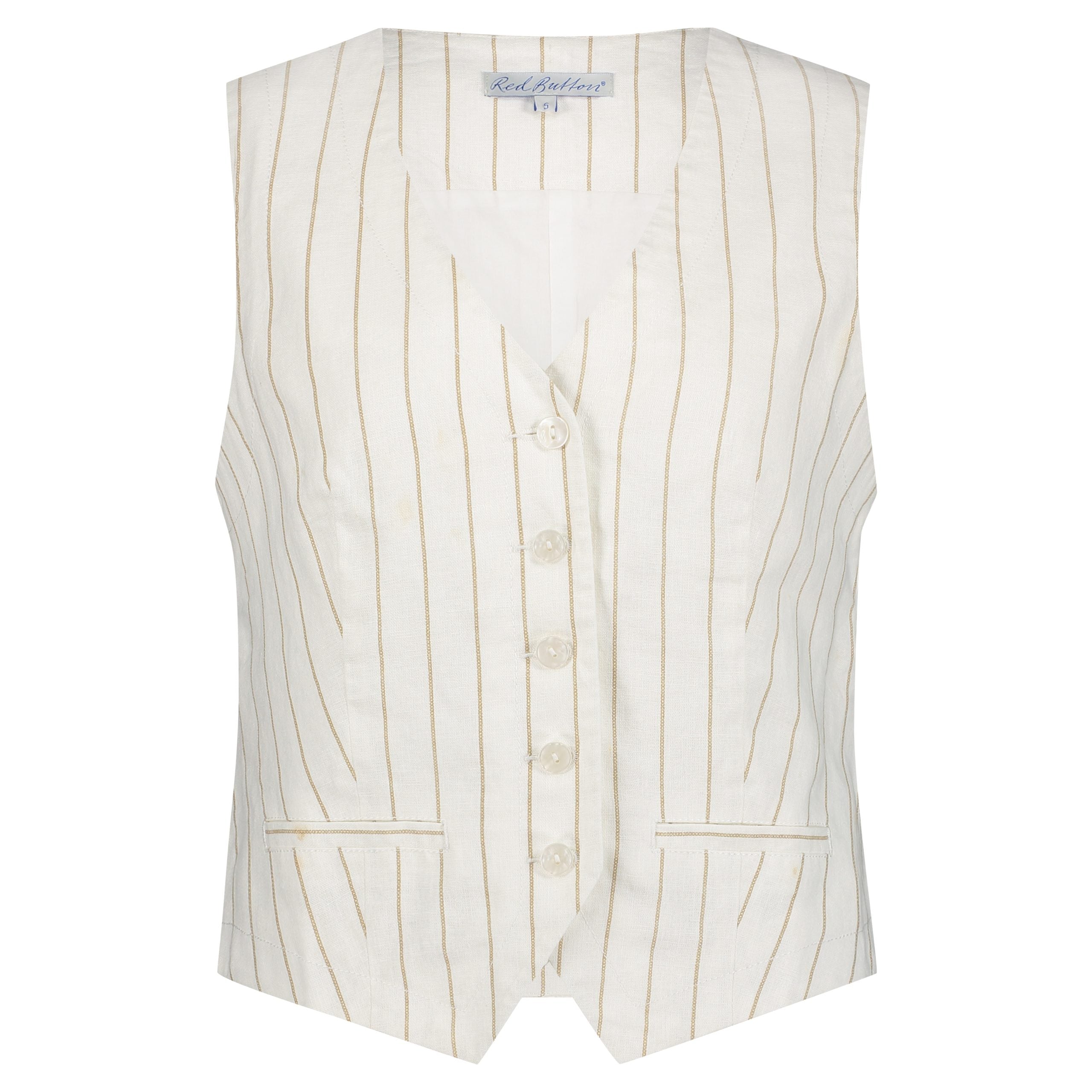 Red Button Gilet Cotton Linen Stripe dark sand