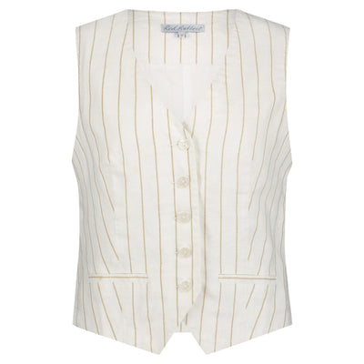 Red Button Gilet Cotton Linen Stripe dark sand