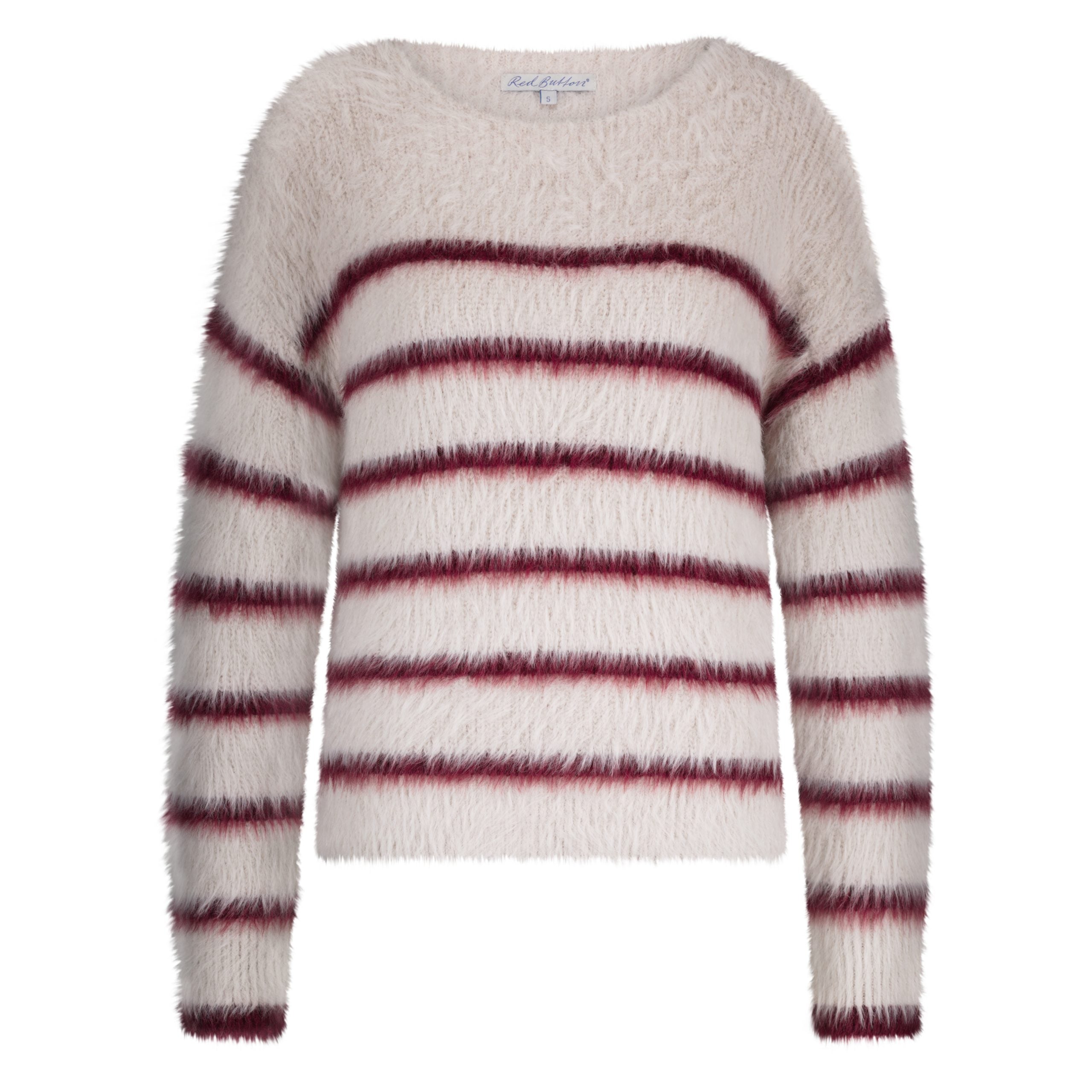 Red Button Fuzzy Sweater & Stripe cream/ruby