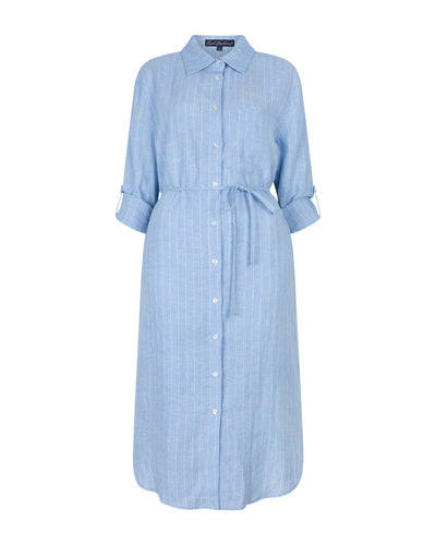 Red Button Shirtdress Jurk Linen/Visco Pinstripe light blue