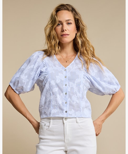 Red Button Blouse Balloonsleeve Stripe & Flower blue