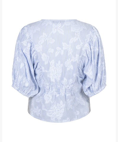 Red Button Blouse Balloonsleeve Stripe & Flower blue