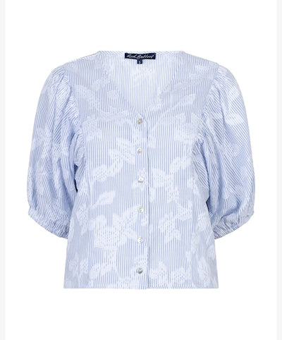 Red Button Blouse Balloonsleeve Stripe & Flower blue
