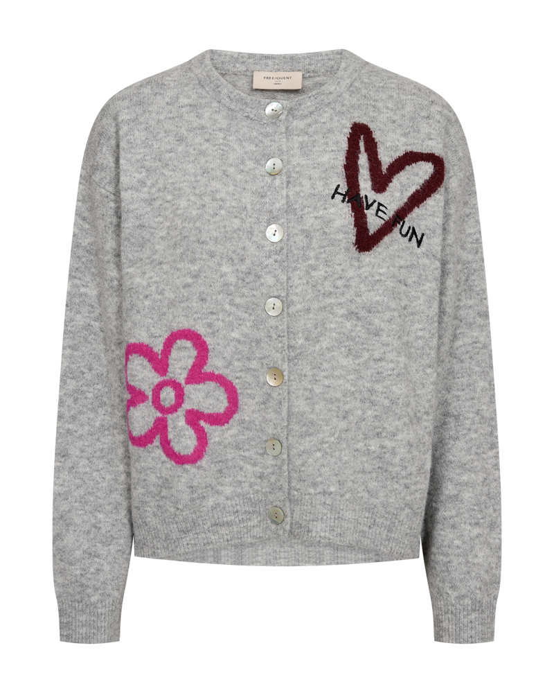 Freequent Nomas Cardigan Med Grey Mel w Fuchsia Purple