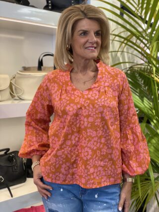 Azzurro Top V-hals oranje bloemenprint 0326