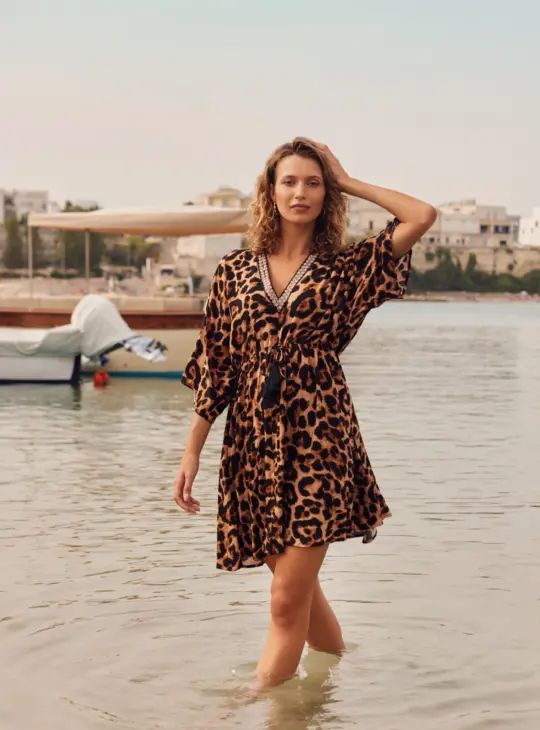 C&S Bodyl Jurk  animal panter/zwart/mandarin