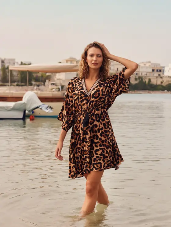 C&S Bodyl Jurk  animal panter/zwart/mandarin