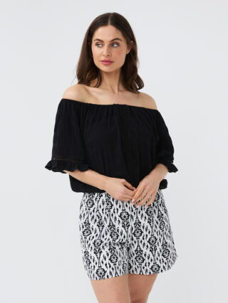 Esqualo Off Shoulder Top Lace Seersucker HS24.14237 zwart