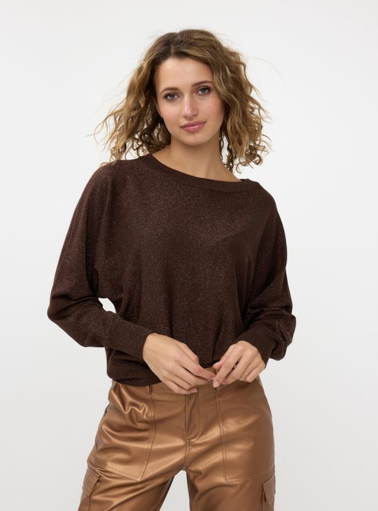 Esqualo Sweater Batwing Lurex choclate bruin f24.31505