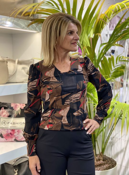 Mi Piace Travelstof Top Lange Mouw black bruin brown  print 202226