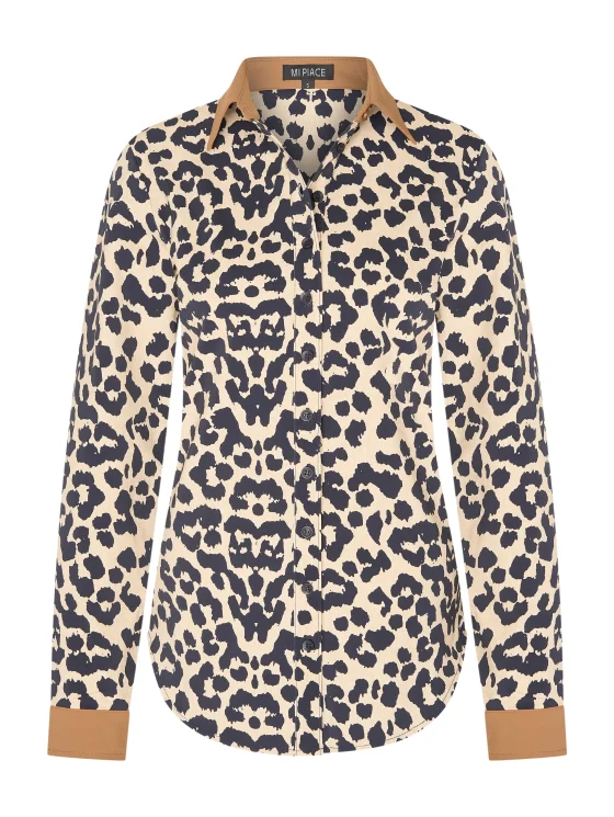 Mi piace blouse 60840 donkerblauw mocca leopard - Afbeelding 2