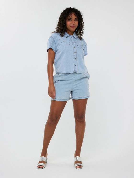 Esqualo Cropped Denim Blouse Embellished HS25.12202 jeans blue - Afbeelding 3
