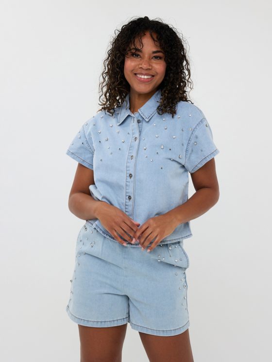 Esqualo Cropped Denim Blouse Embellished HS25.12202 jeans blue - Afbeelding 2
