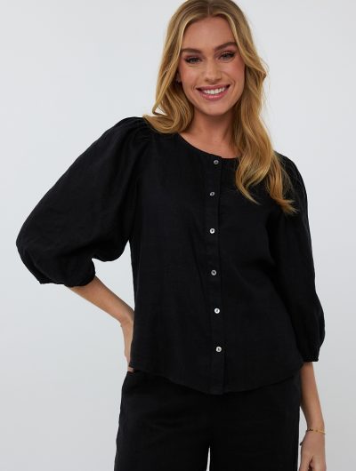 Esqualo Blouse R-neck Linen HS25.28221 zwart