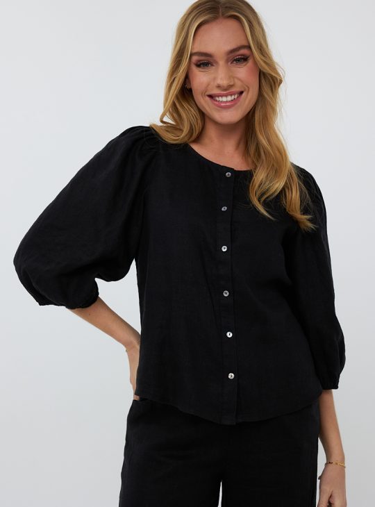 Esqualo Blouse R-neck Linen HS25.28221 zwart