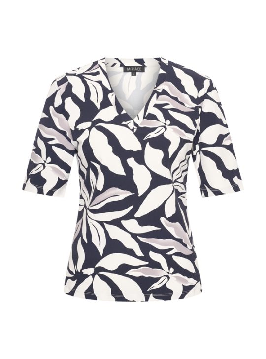 Mi Piace Travelstof Top V-Hals donkerblauw offwhite flower print 202271