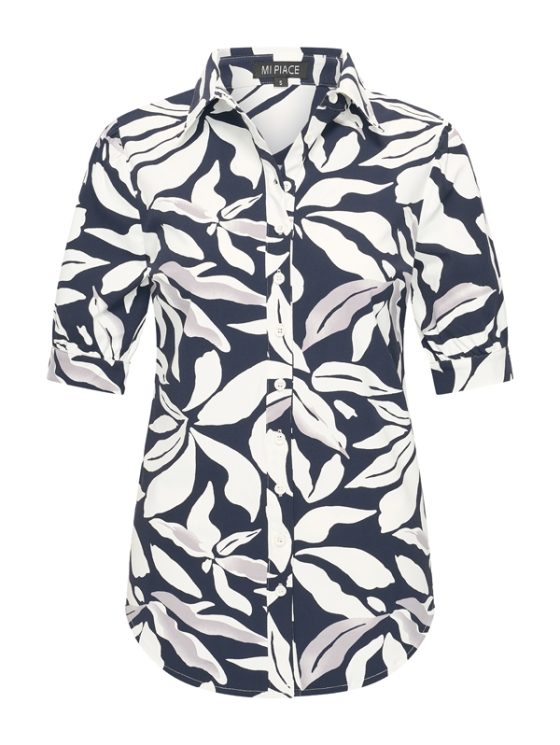 Mi Piace Travelstof Blouse Korte Mouw donkerblauw offwhite flower print 202270