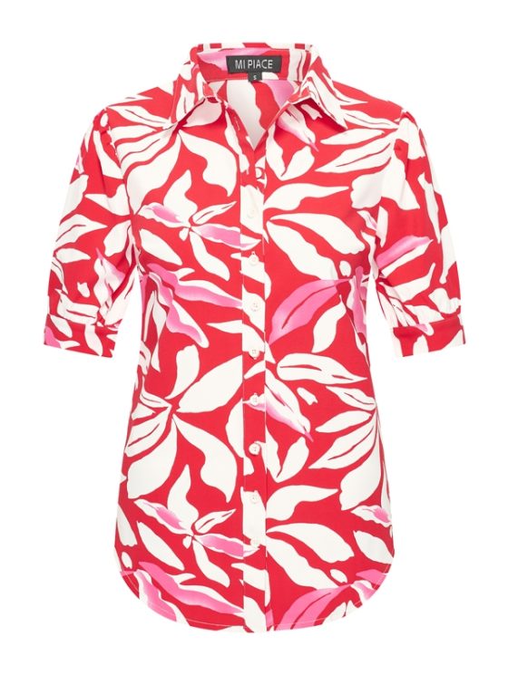 Mi Piace Travelstof Blouse Korte Mouw rood offwhite flower print 202270 - Afbeelding 3