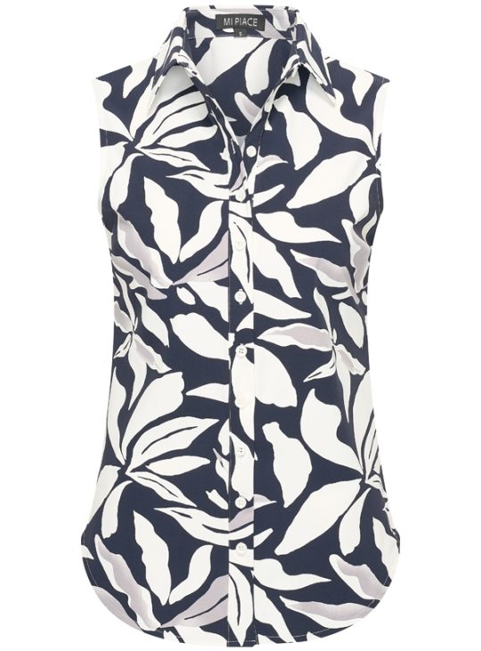 Mi Piace Travelstof Blouse Mouwloos donkerblauw offwhite flower print 202299