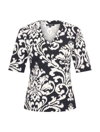 Mi Piace Travelstof Top V-Hals zwart offwhite ornament print 202271